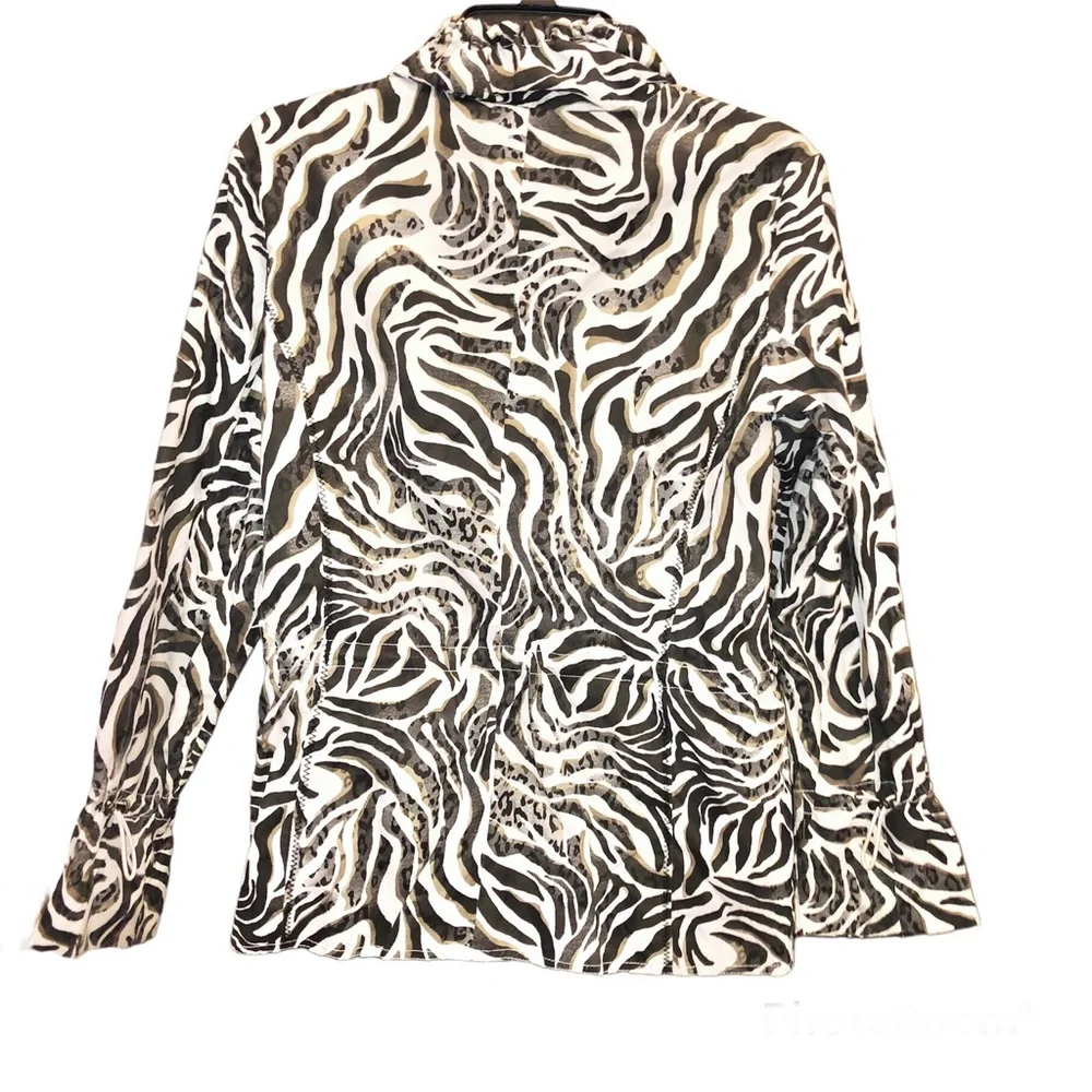 Chico’s Full Zip Funnel Neck Animal Print Zebra‎ Jacket White Black Size 2